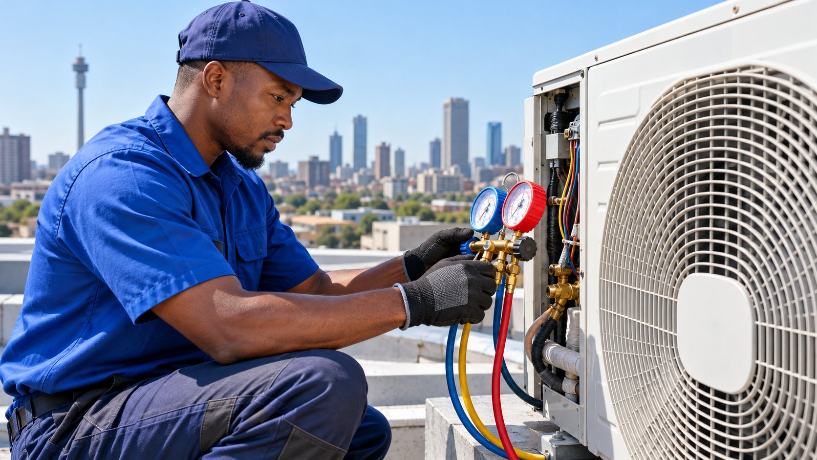 Technician servicing an outdoor air-conditioning unit with the Johannesburg skyline behind