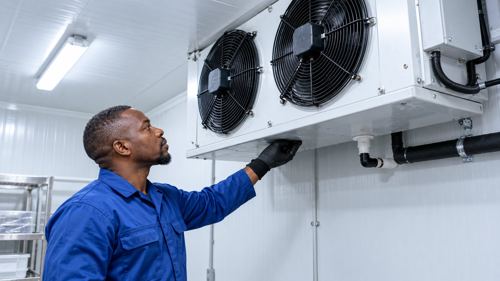 Technician working on a cold room refrigeration unit