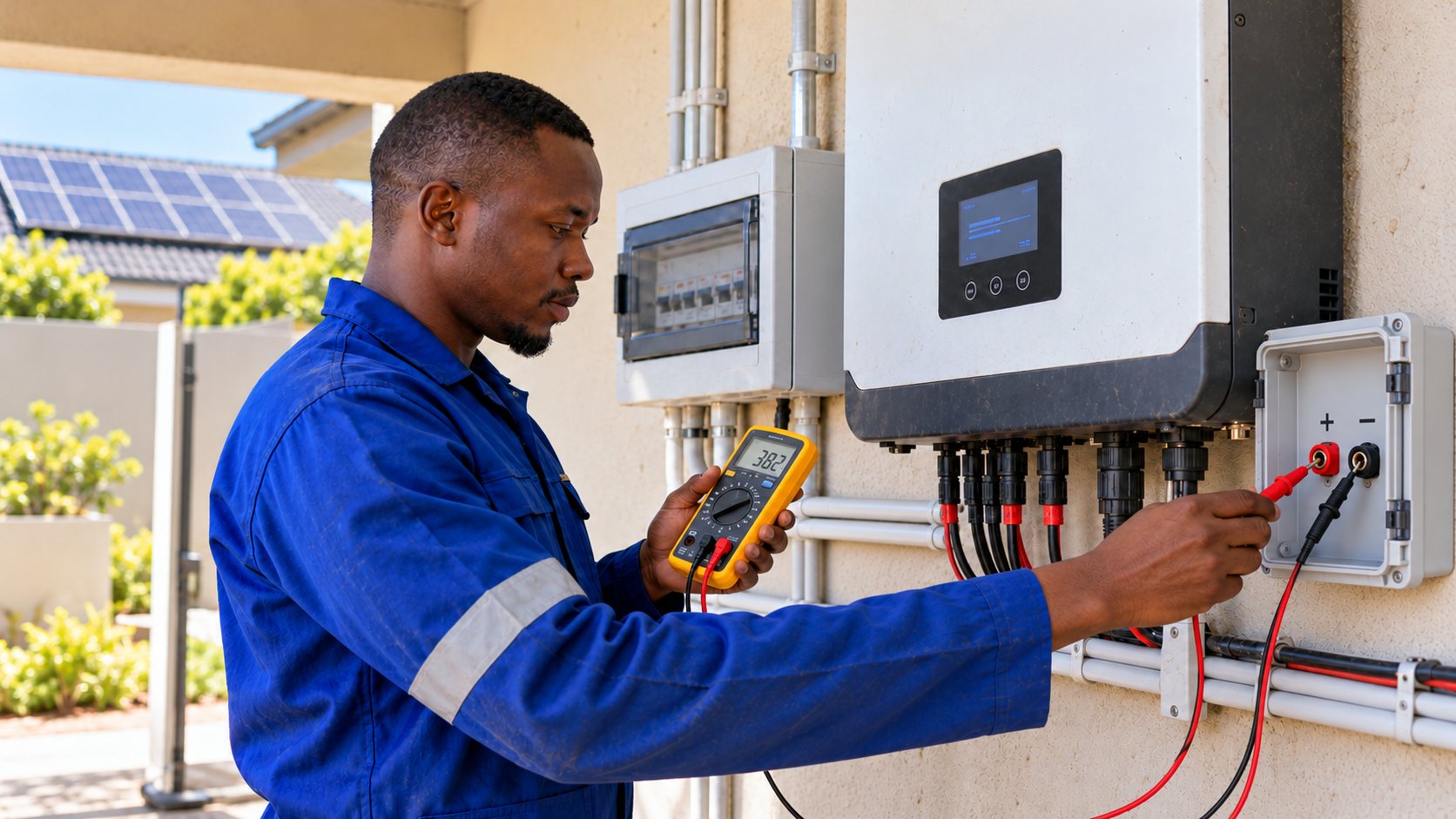 Technician testing a solar inverter with a multimeter